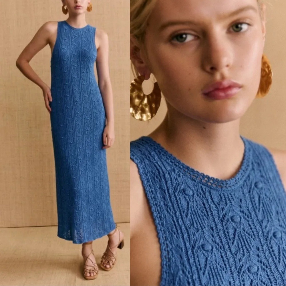Sezane‎ Wilma Dress Pointelle Knit Maxi XS Twilight Blue